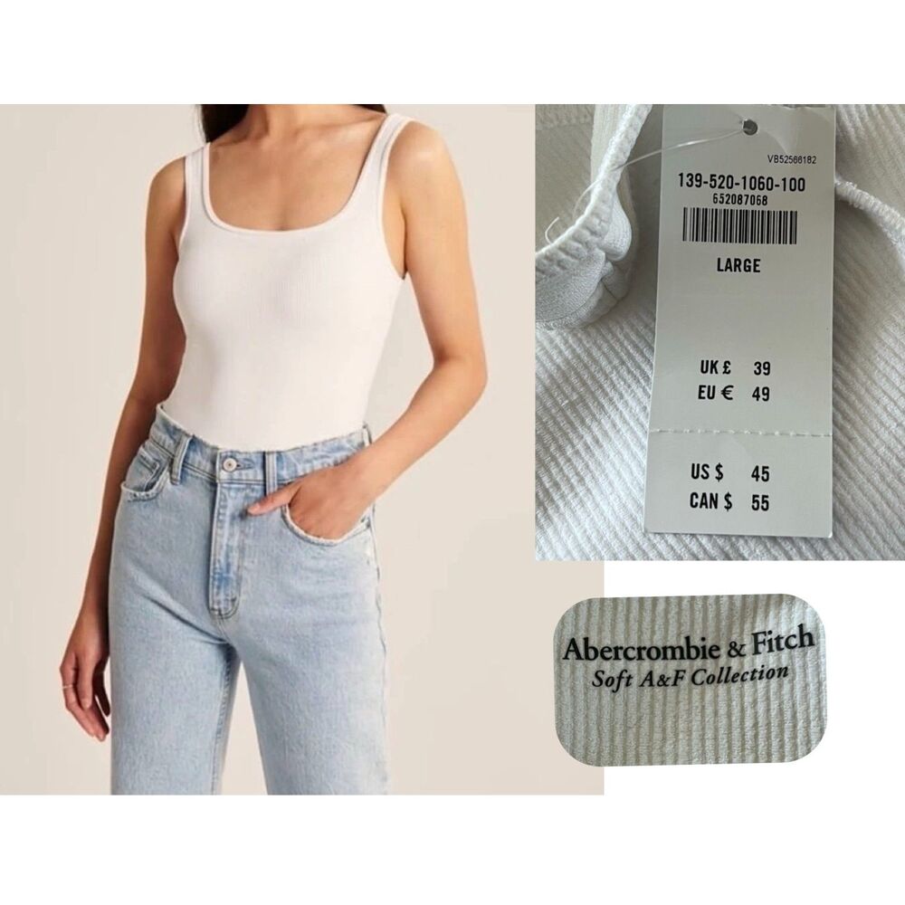 NWT SZ L Abercrombie & Fitch Soft A & F Collection Rib Tank Bodysuit in WHITE